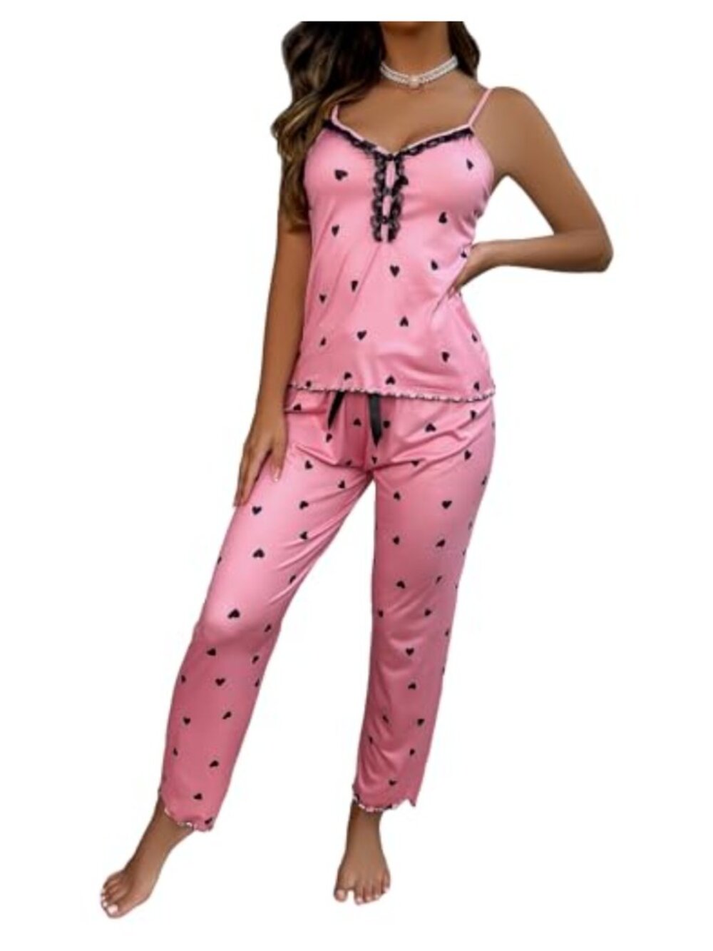 WDIRARA Women's Heart Print Sleepwear Lace Trim Bow Cami and Pants Pajama Set